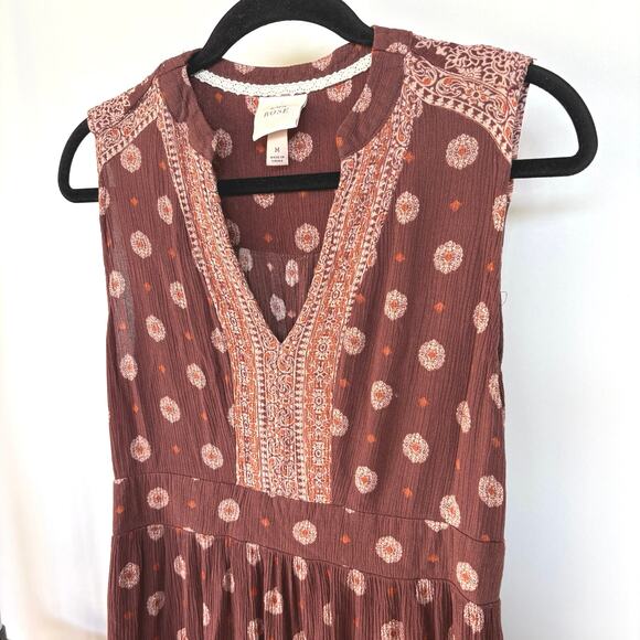 Boho Tiered Prairie Sleeveless Maxi Dress Brown Countryside Earth Girl Medium - Picture 2 of 9